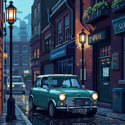 pixel art depicting a night street scene with a vintage green car and classic building facades illuminated by street lamps