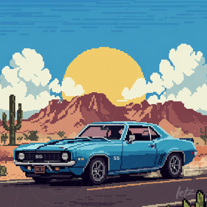 pixel art illustration of a blue racing car on a desert road with mountains and sun in the background