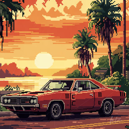 pixel art illustration of a classic red car with palm trees in the background and a vibrant sunset
