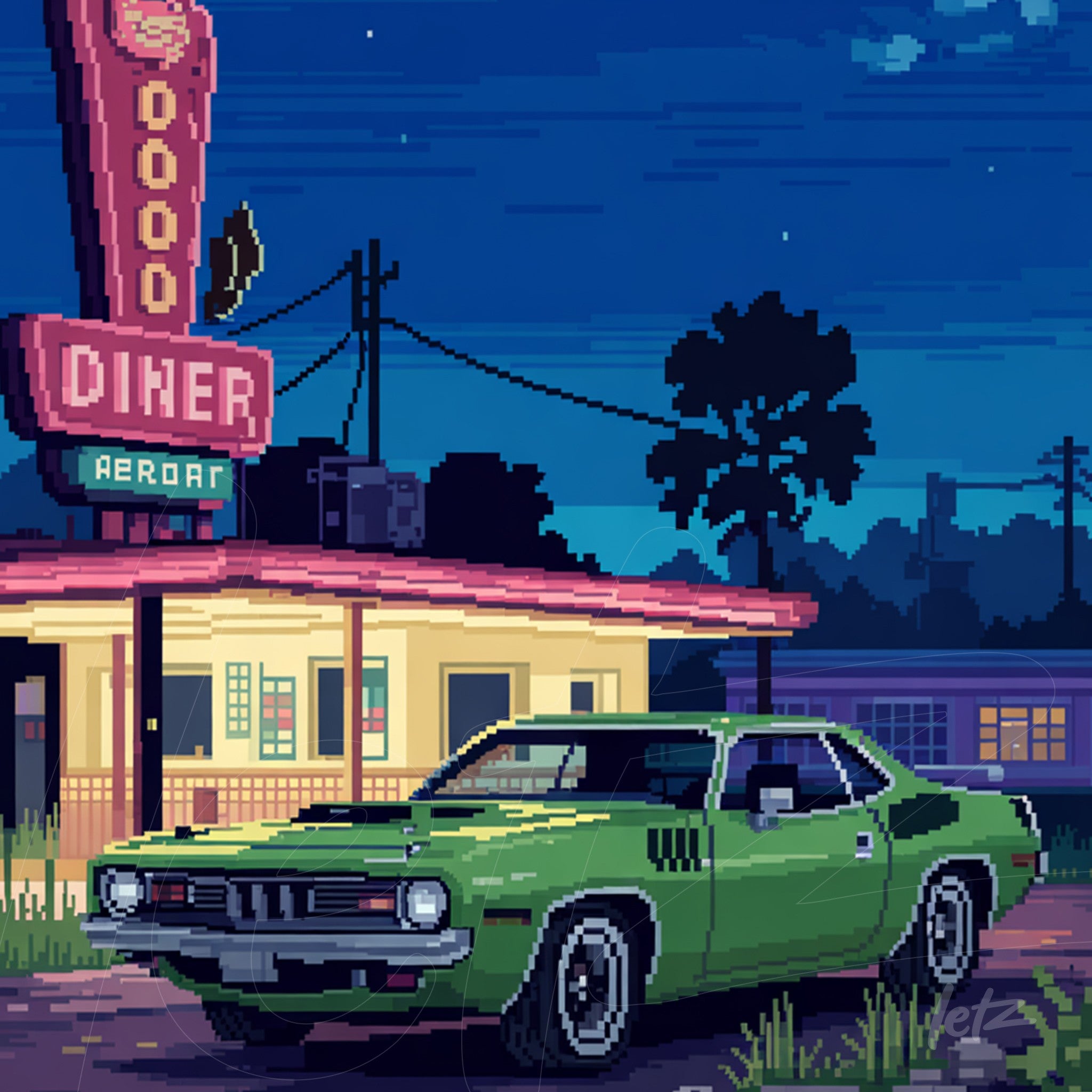 digital art featuring a green sports car parked in front of a retro diner illuminated at night