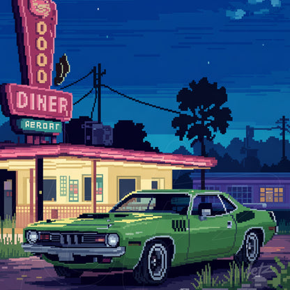digital art featuring a green sports car parked in front of a retro diner illuminated at night