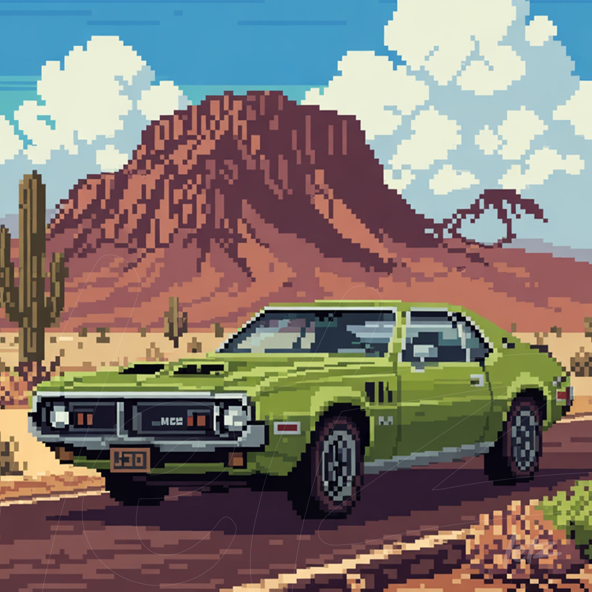 pixel art of a classic green car on a desert road with mountains in the background