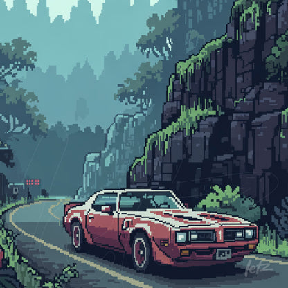 pixel art of a red car driving on a road surrounded by lush green mountains