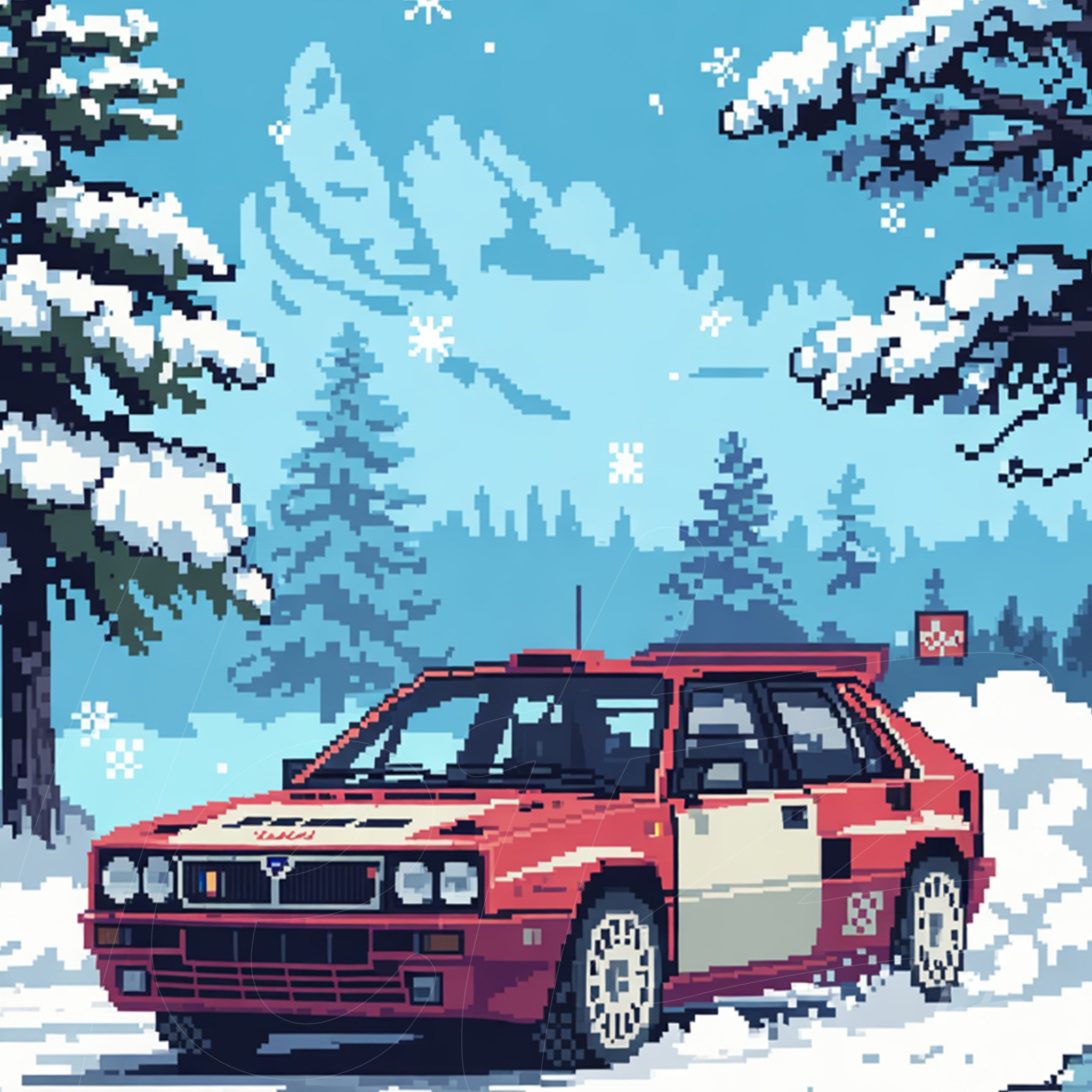 pixel art of a red car in a winter landscape with snow-covered trees