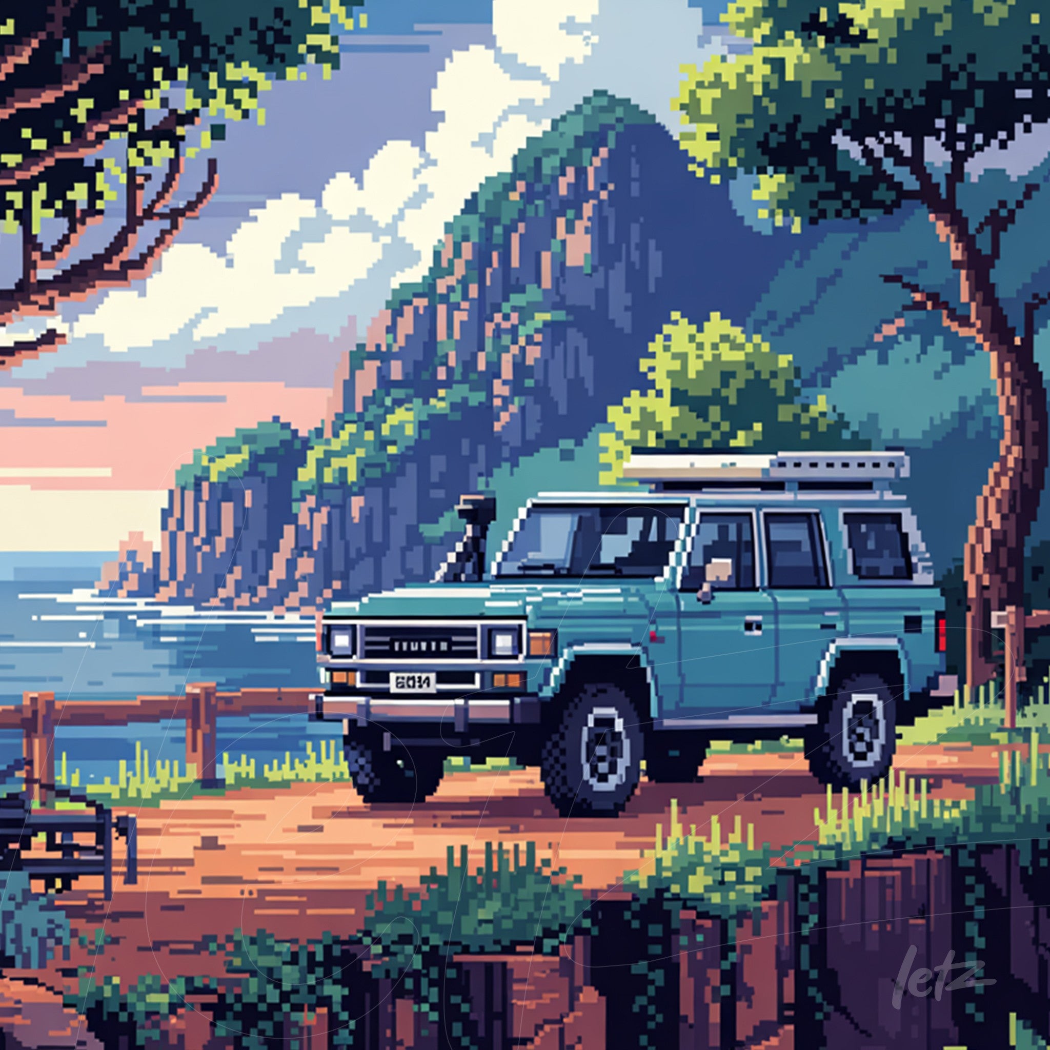 pixel art of a blue off-road vehicle in a natural landscape with mountains in the background