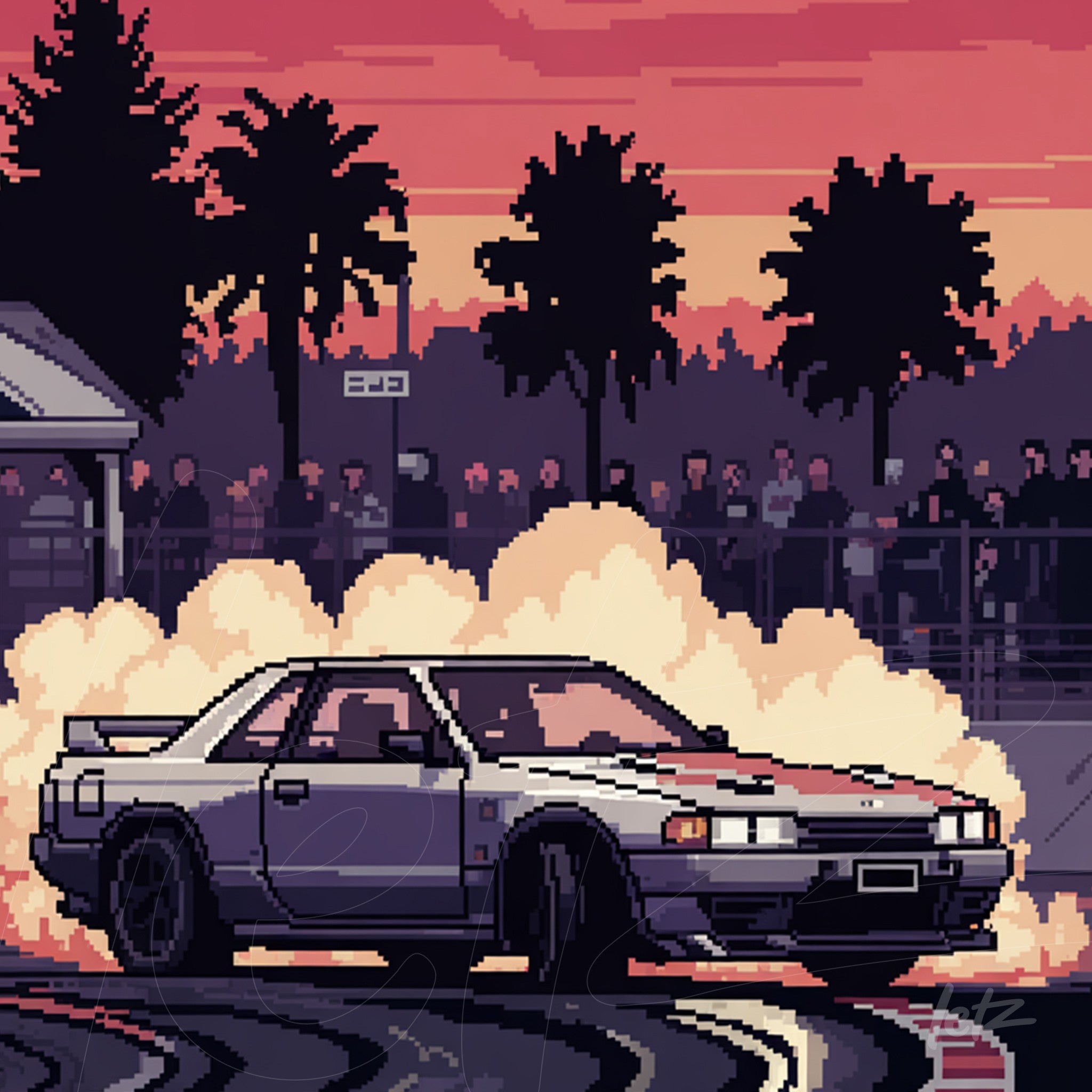 pixel art illustration of a sports car drifting on track with smoke and spectators in the background during sunset