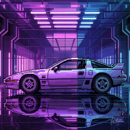 retro style digital art featuring a sports car in a futuristic environment with purple and blue neon lighting