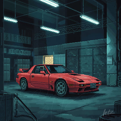 pixel art featuring a red sports car in a garage illuminated by neon lights