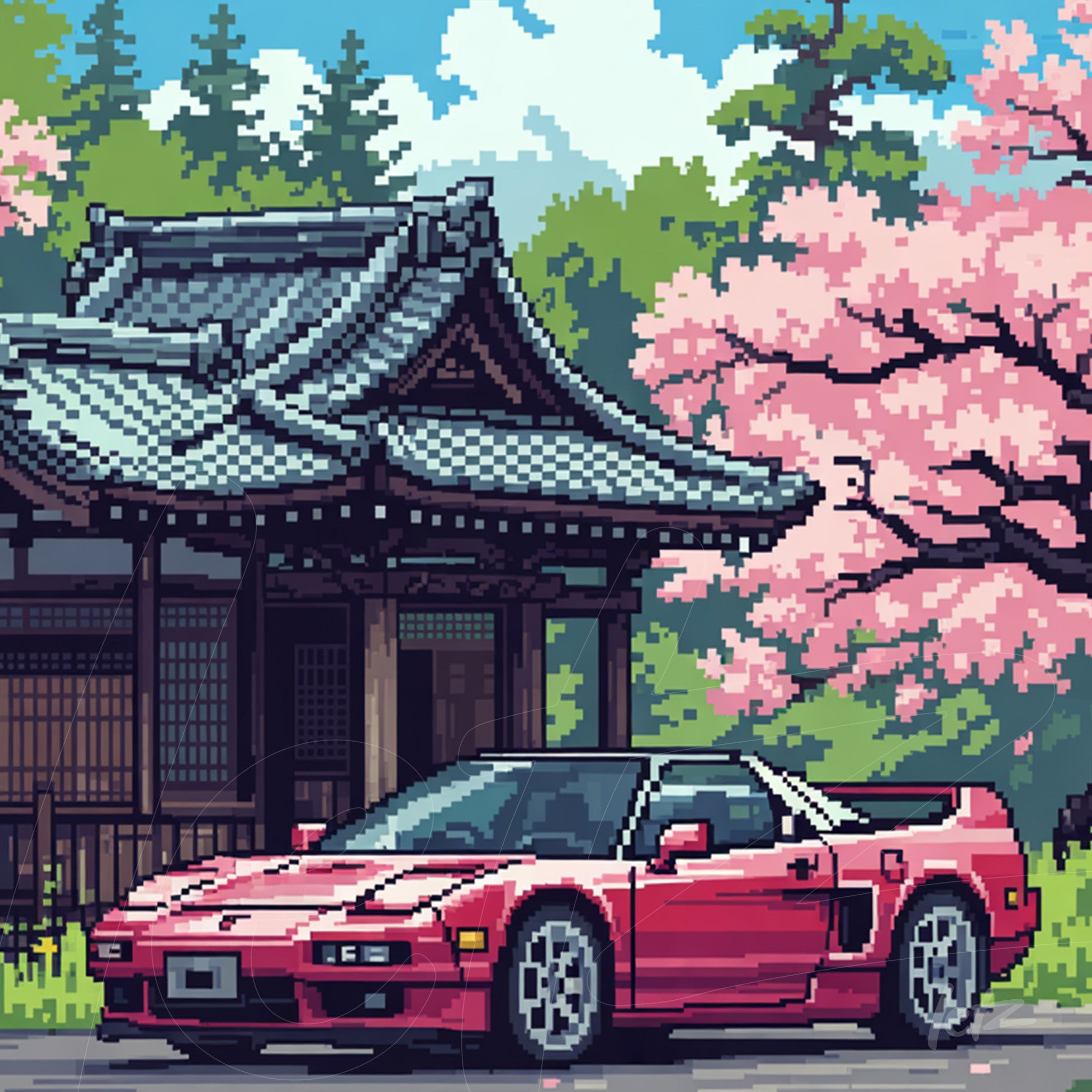 pixel art of a red sports car in front of a Japanese temple surrounded by cherry blossom trees