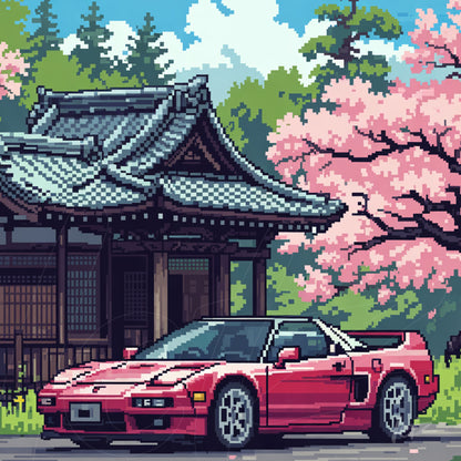 pixel art of a red sports car in front of a Japanese temple surrounded by cherry blossom trees