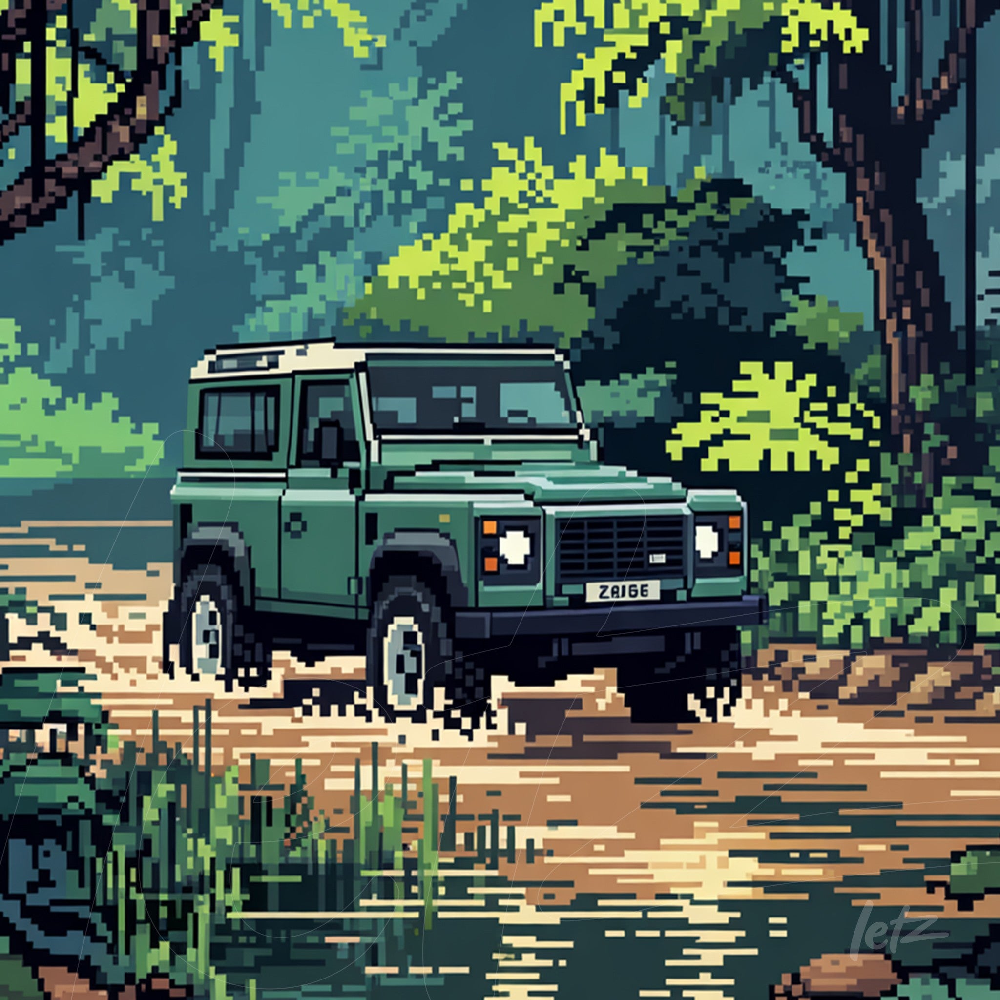 pixel art of a green off-road vehicle crossing a river surrounded by lush greenery
