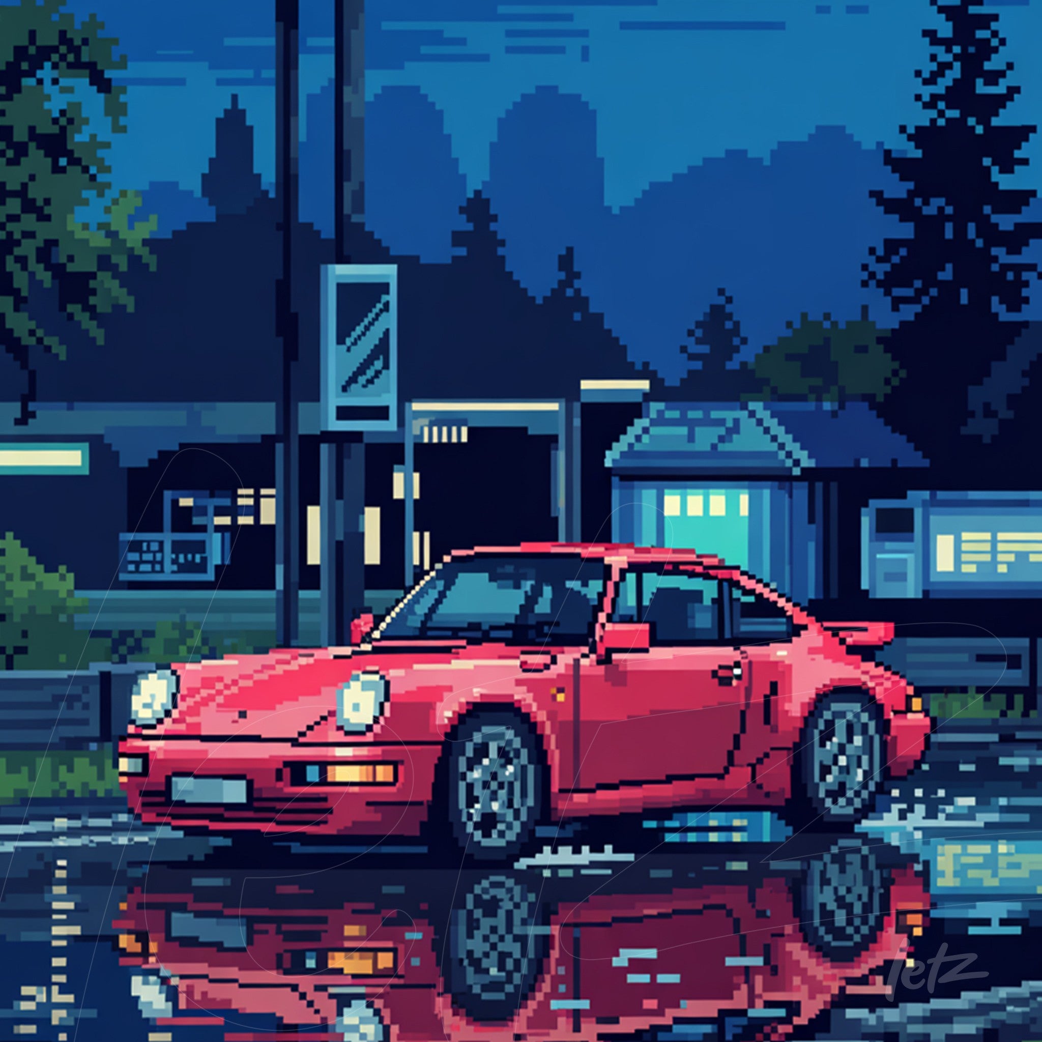 pixel art depicting a pink sports car parked on a road at night, reflected on the wet asphalt