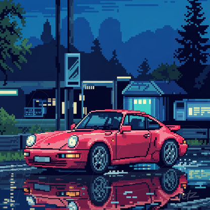 pixel art depicting a pink sports car parked on a road at night, reflected on the wet asphalt