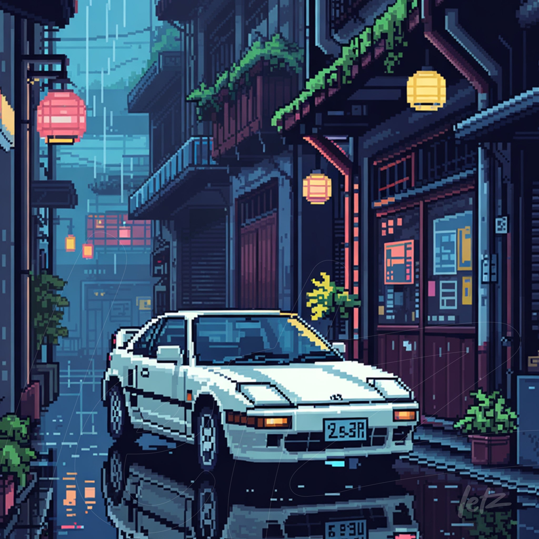 pixel art of a white sports car in a rainy alley illuminated by lanterns