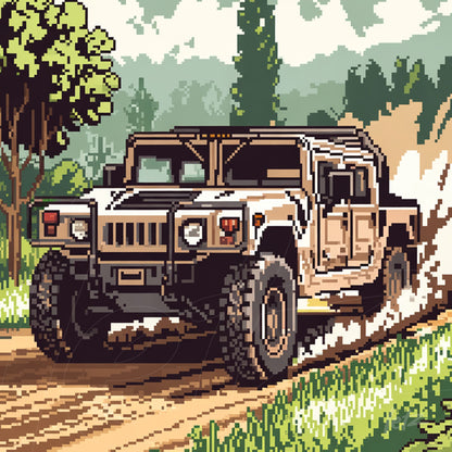 pixel art featuring a Hummer vehicle driving on a dirt road surrounded by trees and lush greenery