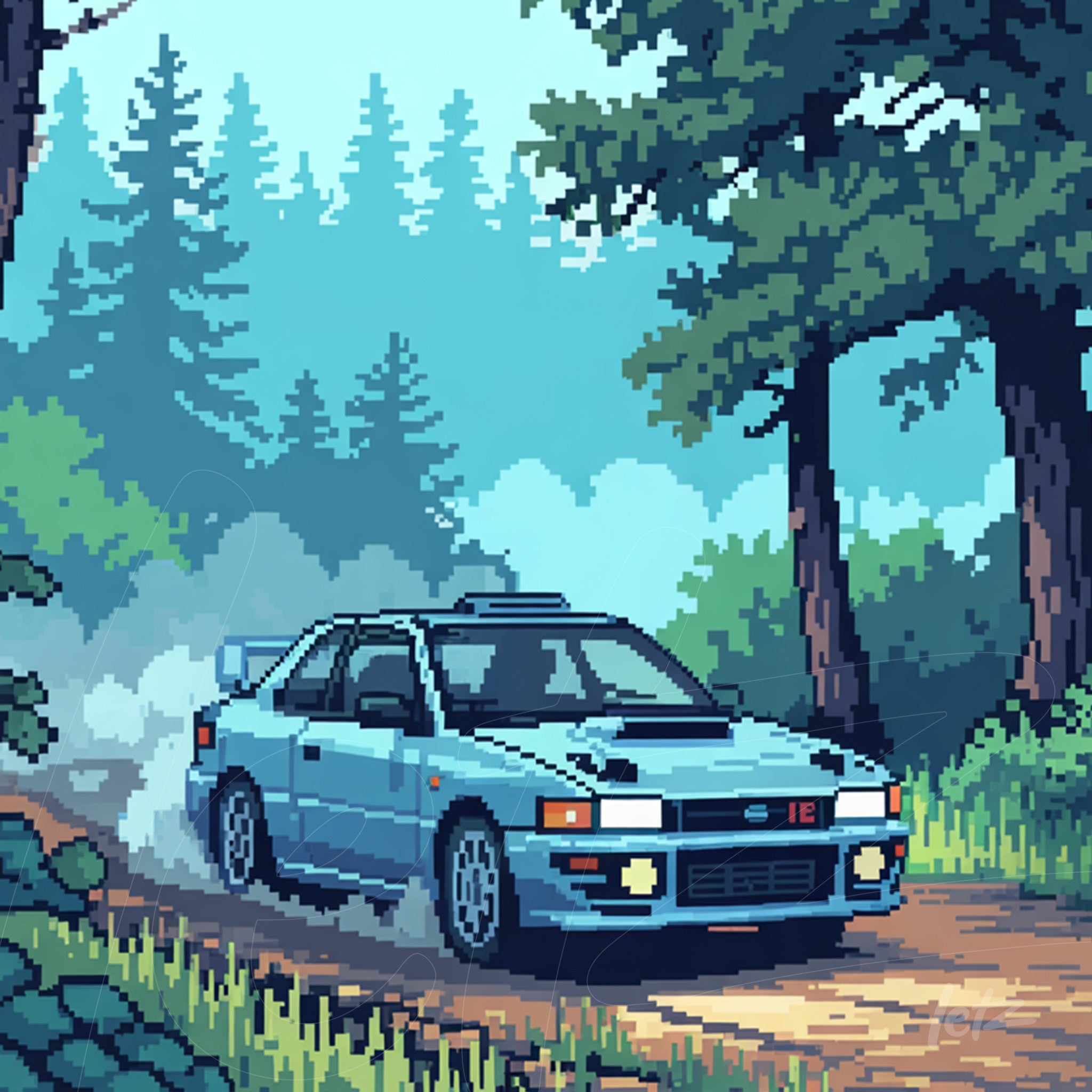 pixel art of a blue sports car on a dirt road surrounded by green trees