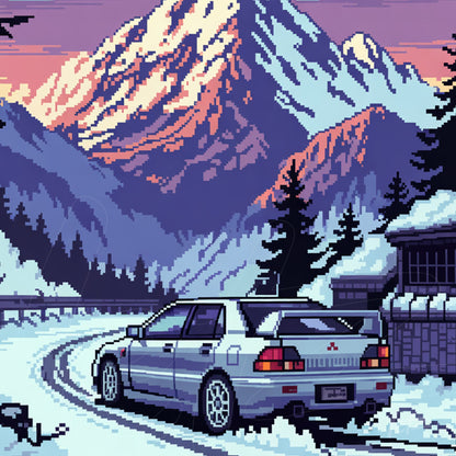 pixel art depicting a silver car on a winding road surrounded by snow-covered mountains at sunset