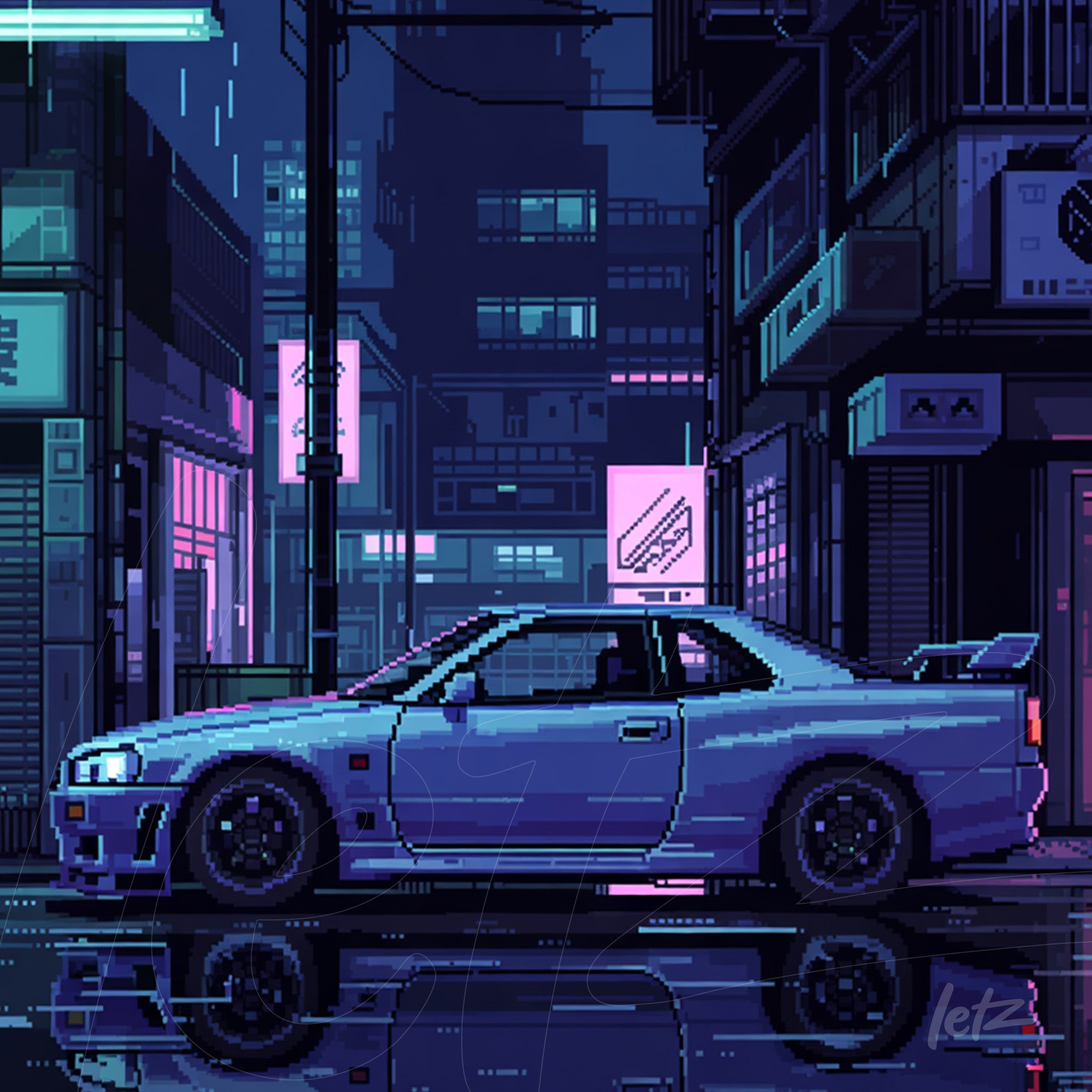 pixel art illustration of a sports car in a nighttime cityscape with neon lights reflecting on the wet pavement