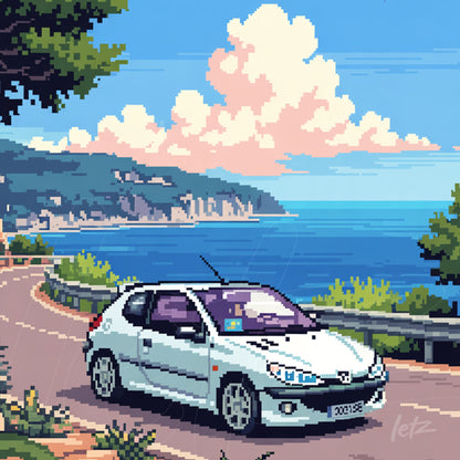 pixel art illustration of a white car on a coastal road with blue ocean and clouds in the background