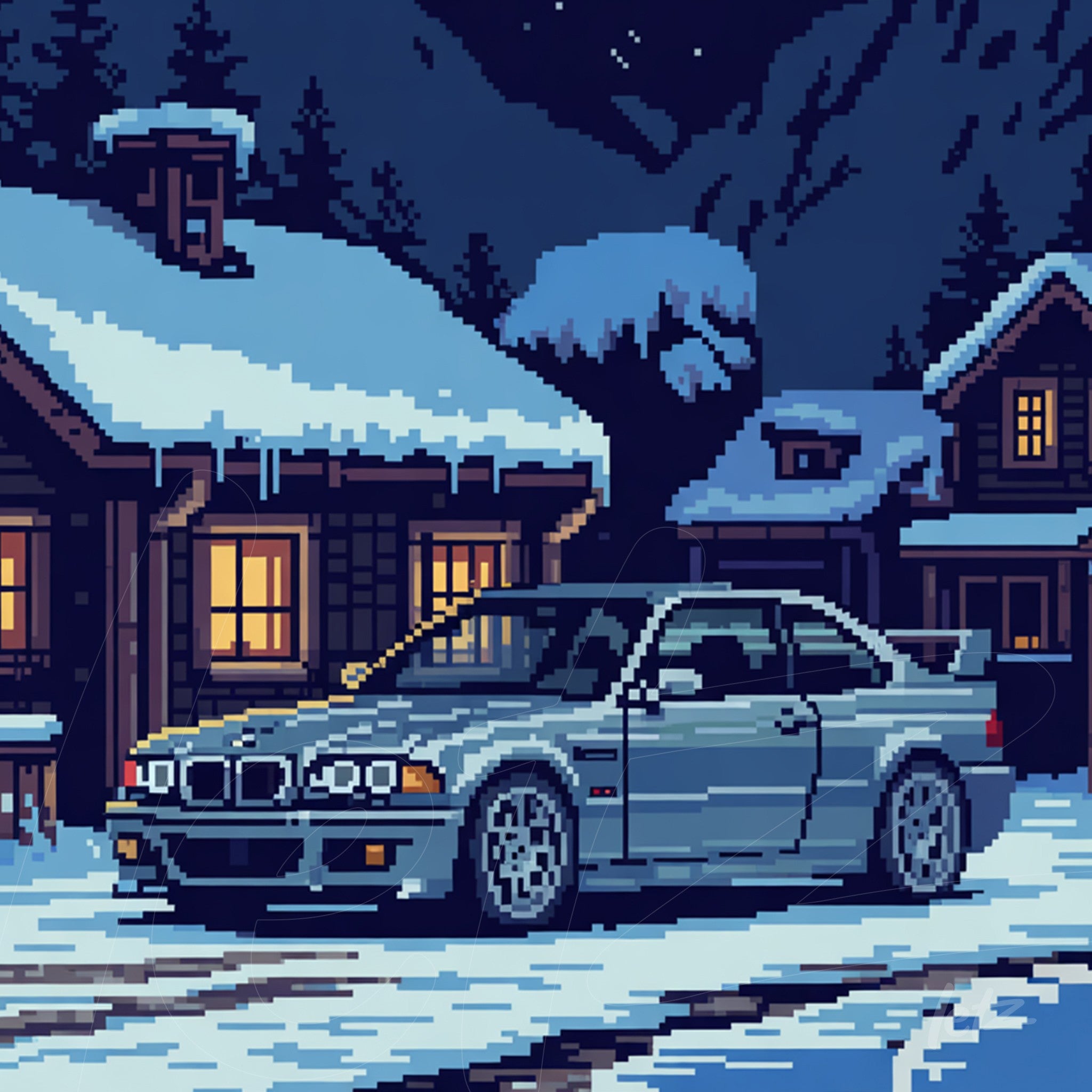 pixel art illustration of a BMW car in front of a snow-covered wooden house at night