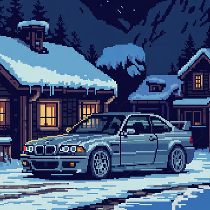 pixel art illustration of a BMW car in front of a snow-covered wooden house at night