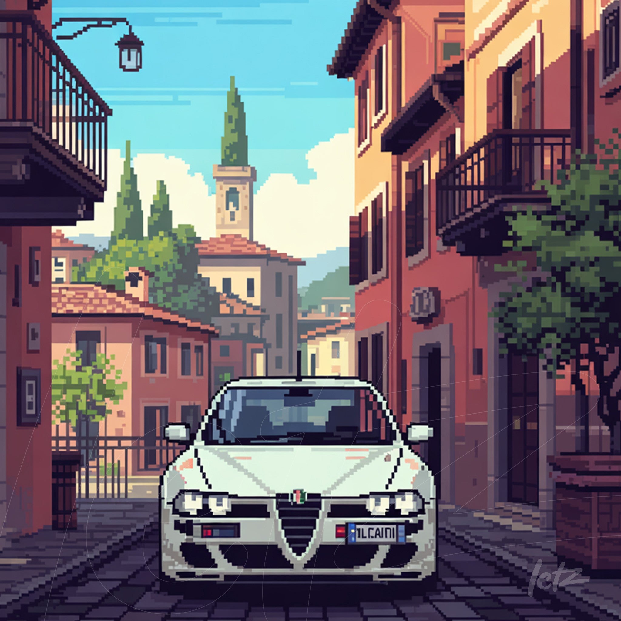 pixel art illustration of a white car on an Italian street with colorful houses
