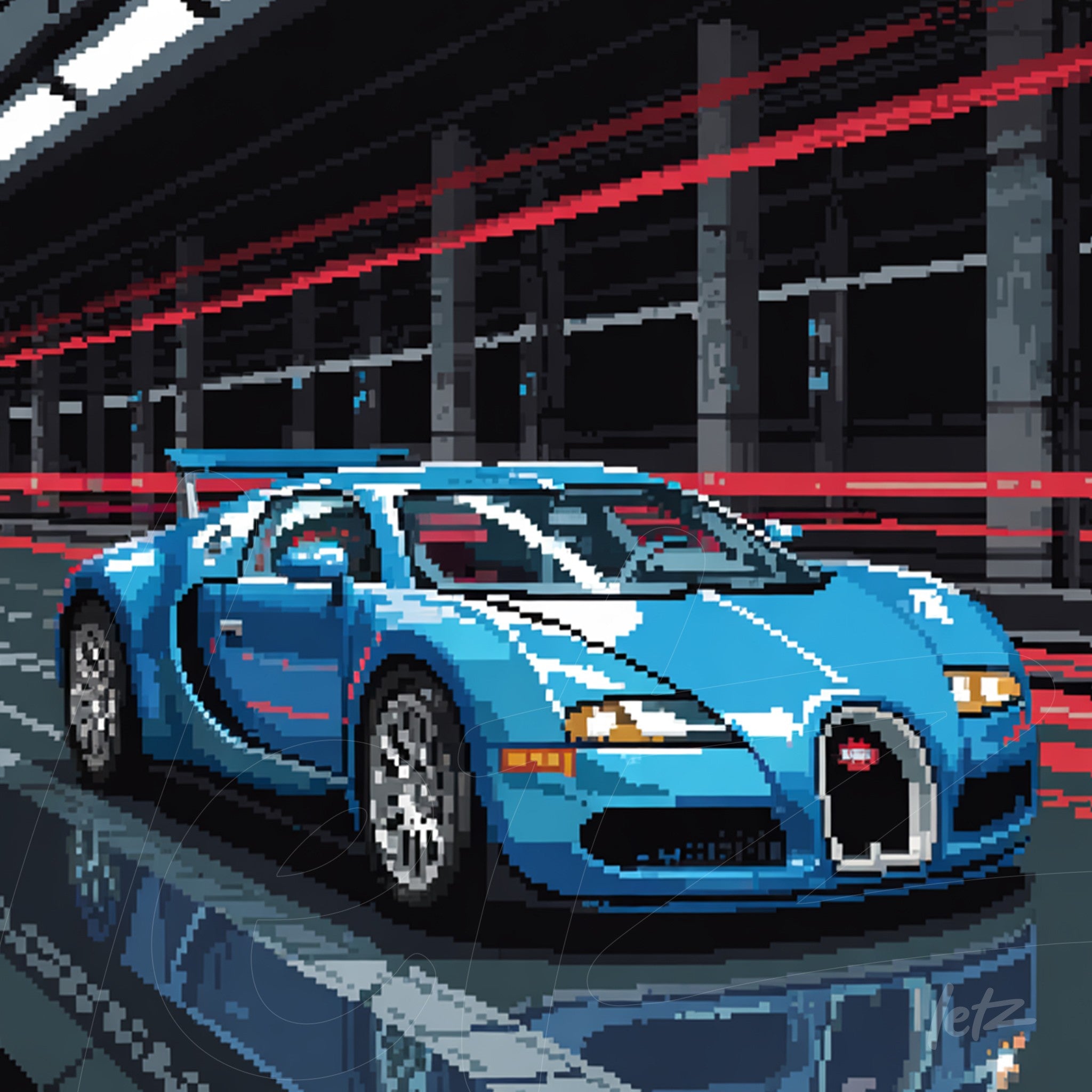 pixel art of a blue sports car in an urban setting with red motion lights