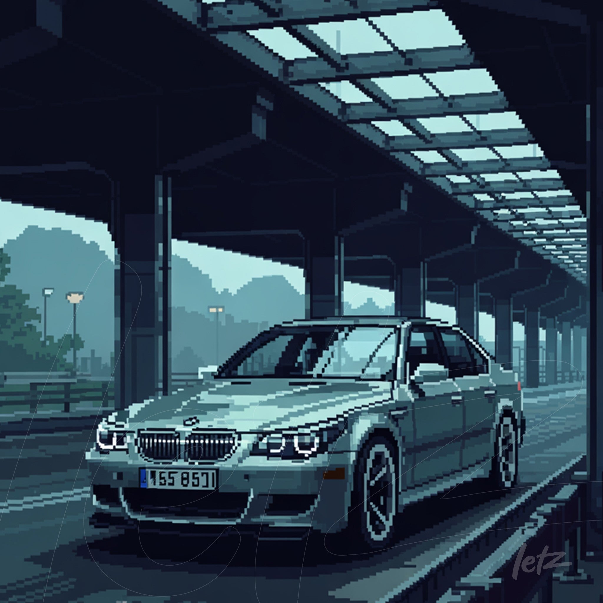 pixel art illustration of a silver BMW car parked under a modern architectural structure