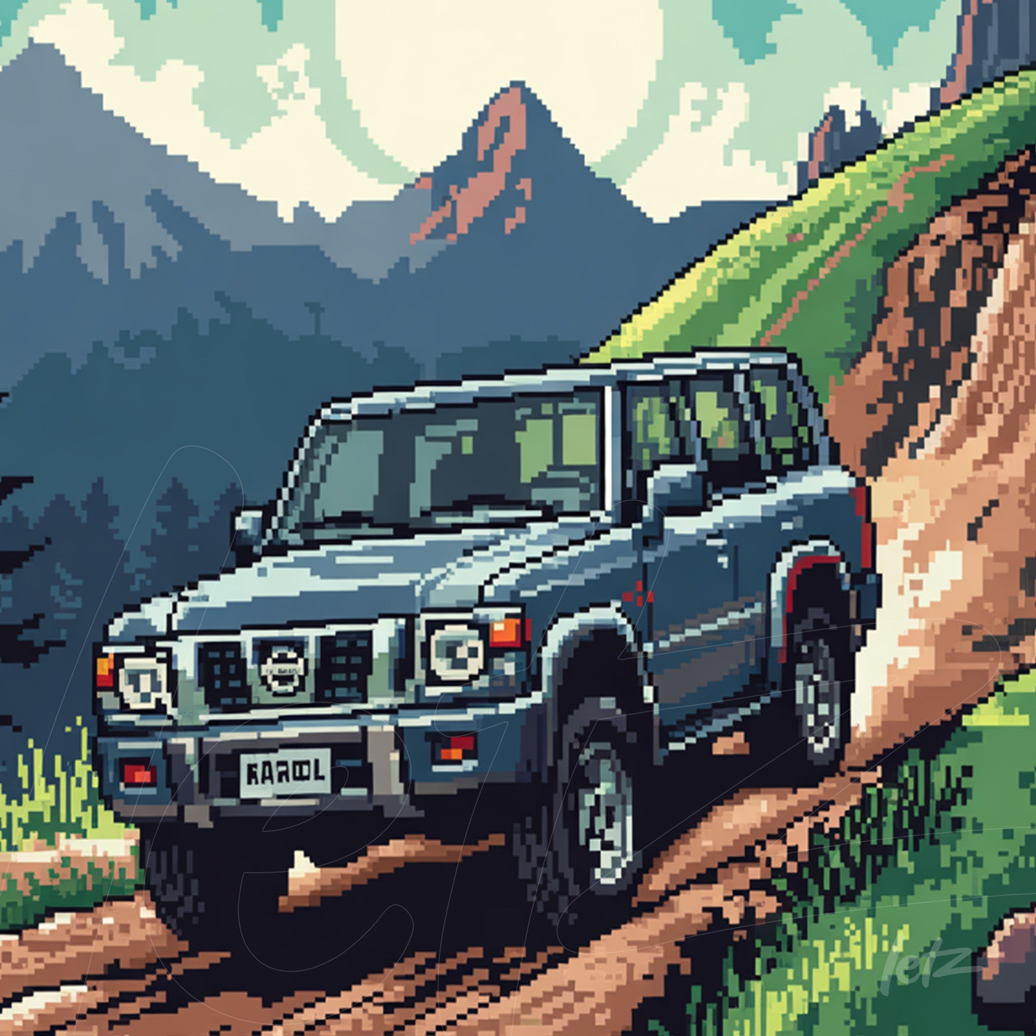 pixel art of a Nissan SUV driving up a mountain trail surrounded by trees and mountain peaks in the background