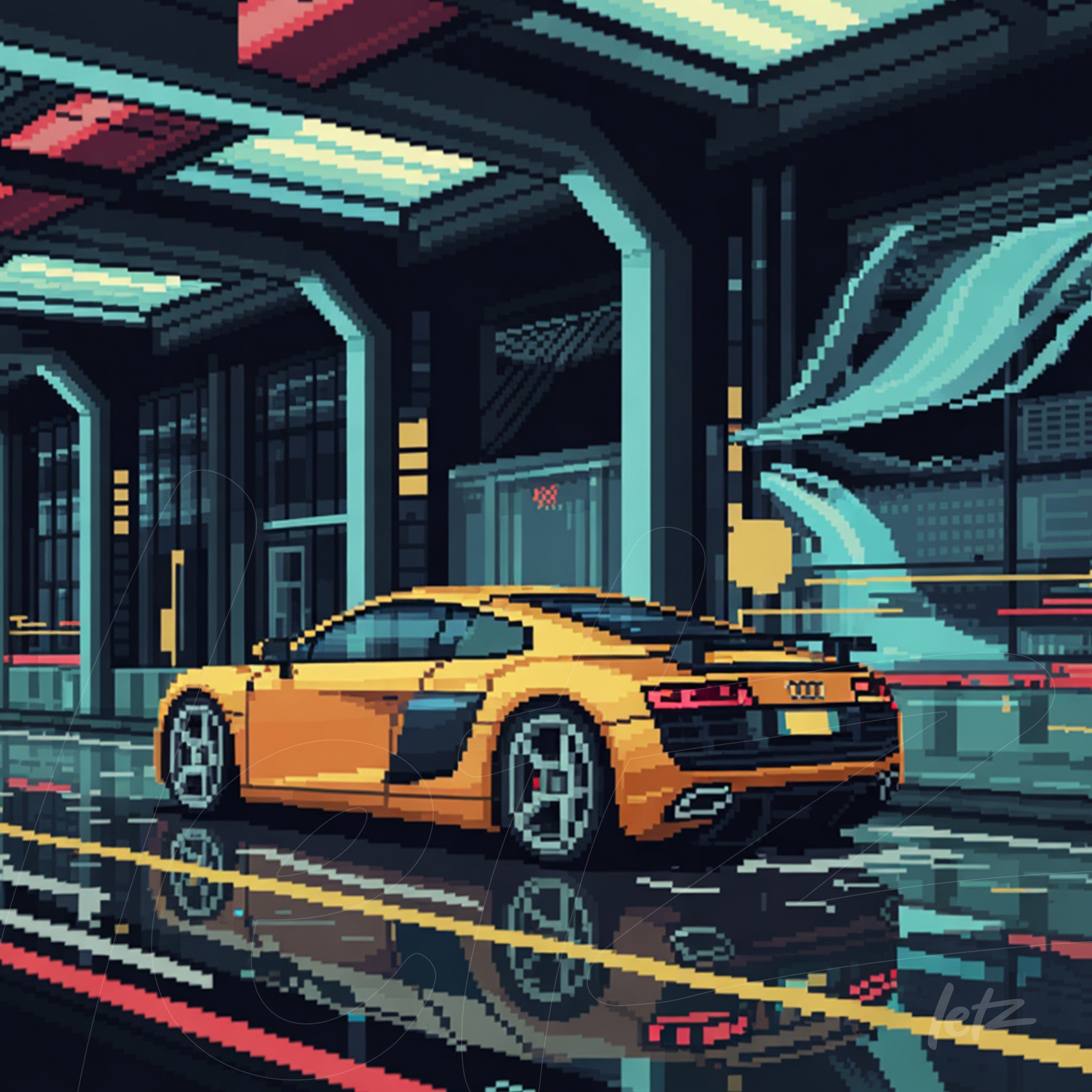 pixel art of a yellow Audi sports car in a futuristic cityscape