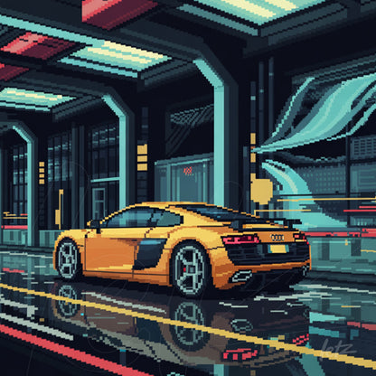 pixel art of a yellow Audi sports car in a futuristic cityscape