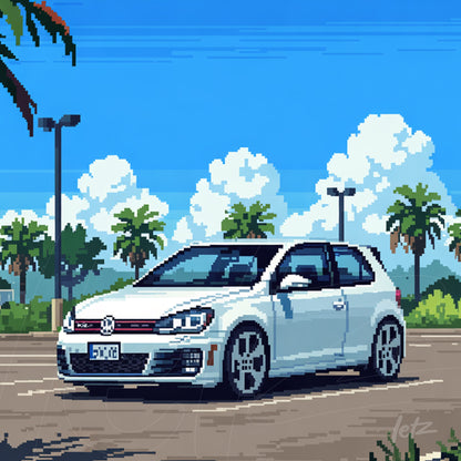 pixel art illustration of a white car parked in a lot surrounded by palm trees and clouds in the background