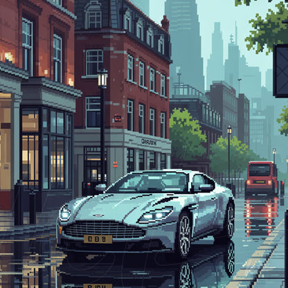 pixel art of a silver Aston Martin car on a rainy street in London with historic buildings