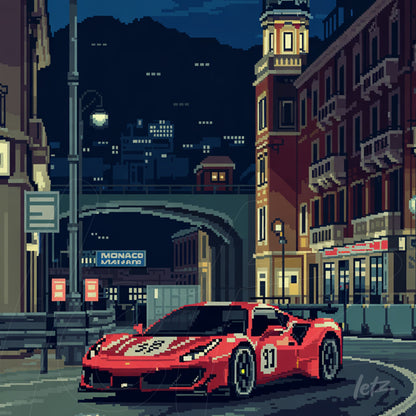 pixel art of a red sports car on a nighttime street with urban lighting