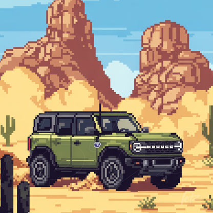 pixel art of a green car in a desert with rocky formations in the background