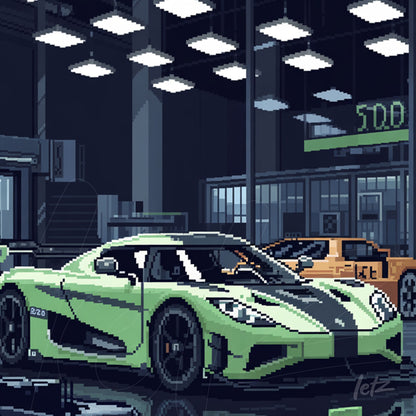 pixel art of a light green sports car in a workshop environment with spotlighting and other vehicles in the background