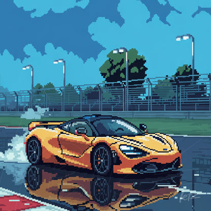 pixel art of an orange sports car on a wet track with reflections