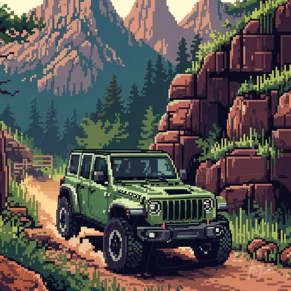 pixel art depicting a green off-road vehicle on a dirt road surrounded by mountains and trees