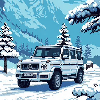 pixel art of a Mercedes-Benz G-Class vehicle in a snowy landscape with mountains in the background