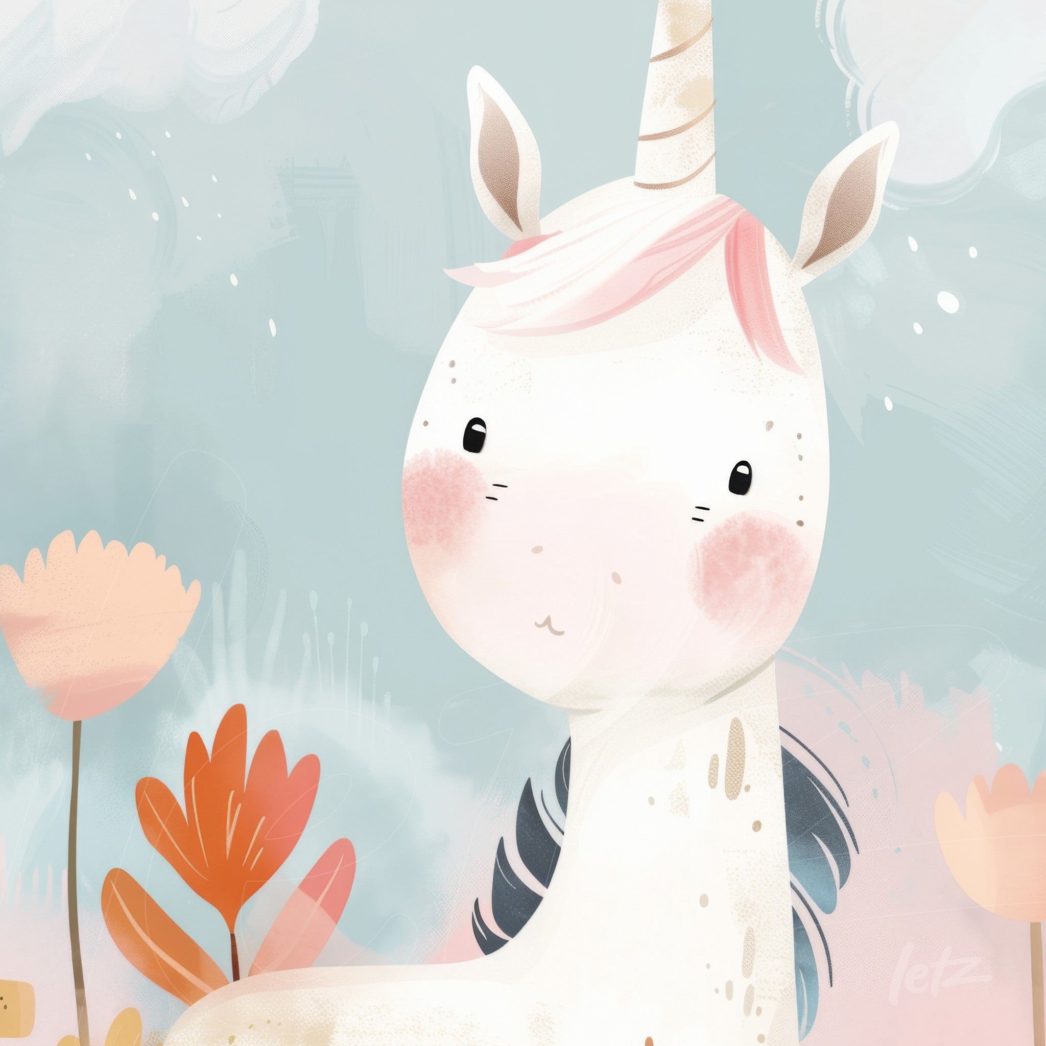 cute unicorn illustration with pink hair and light blue background surrounded by red and orange flowers