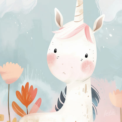 cute unicorn illustration with pink hair and light blue background surrounded by red and orange flowers