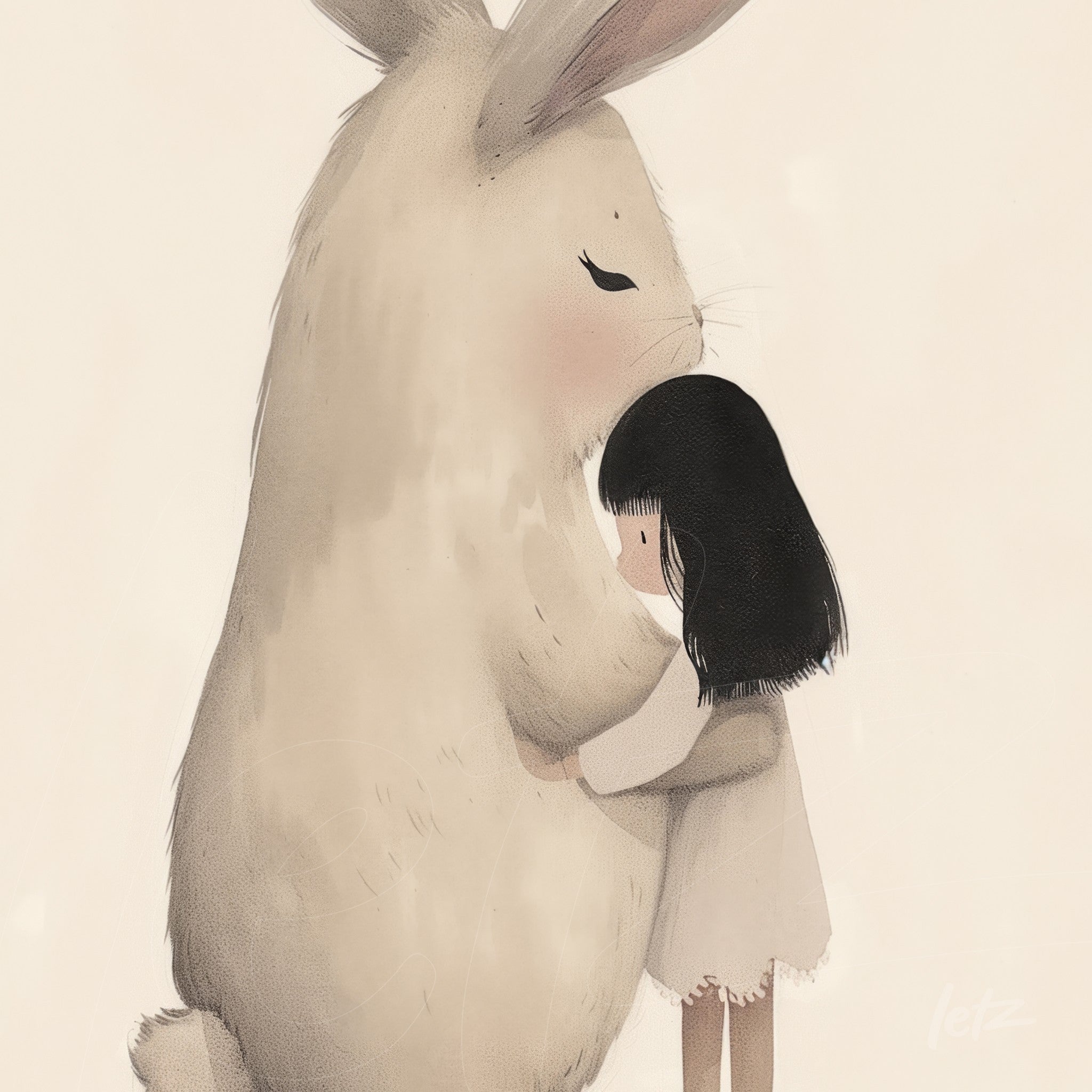 illustration of a girl hugging a large rabbit against a light background