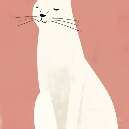 illustration of a sitting white cat with a calm expression against a soft pink background