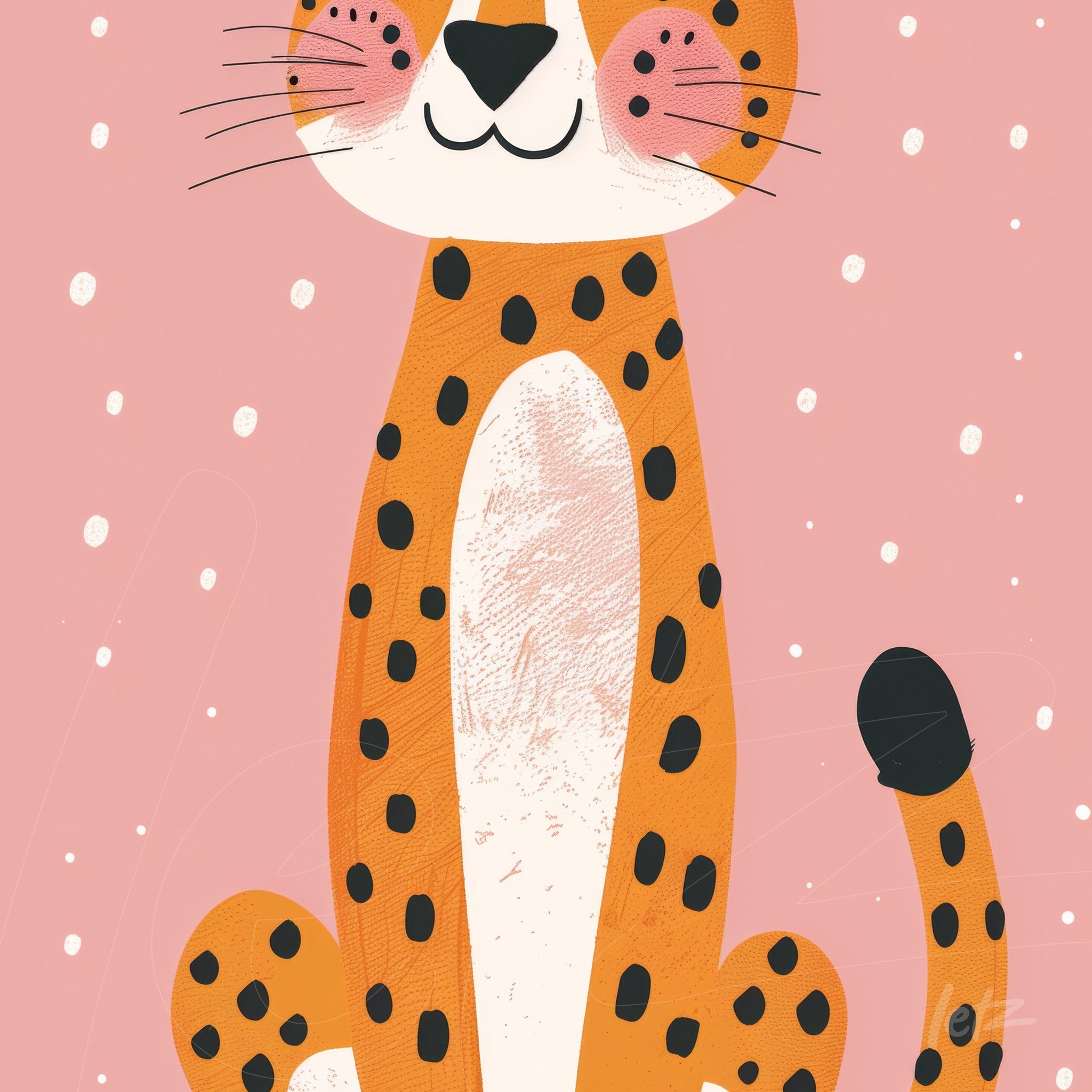 digital art of a smiling leopard with a pink background and white dots
