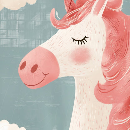 framed wall art featuring a detailed illustration of a unicorn with a pink head and soft blue background with clouds