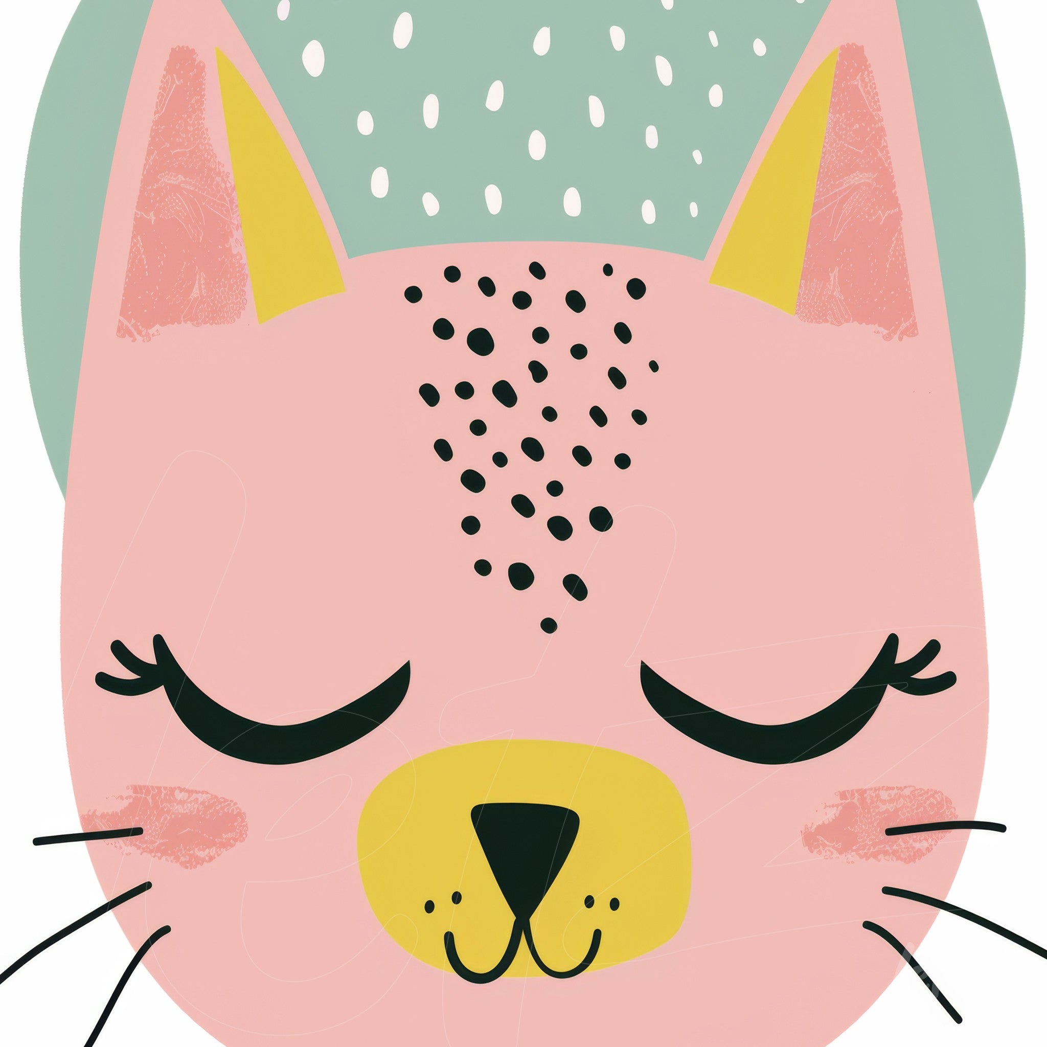 digital art of a pink cat with closed eyes, yellow ears, and a pointed nose, light green background with soft textures