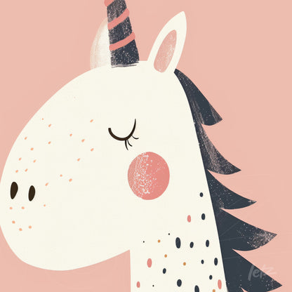 illustration of a unicorn against a pink background featuring blue details and colorful spots on its skin