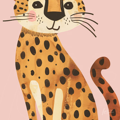 illustration of a smiling cheetah with spotted fur against a pink background