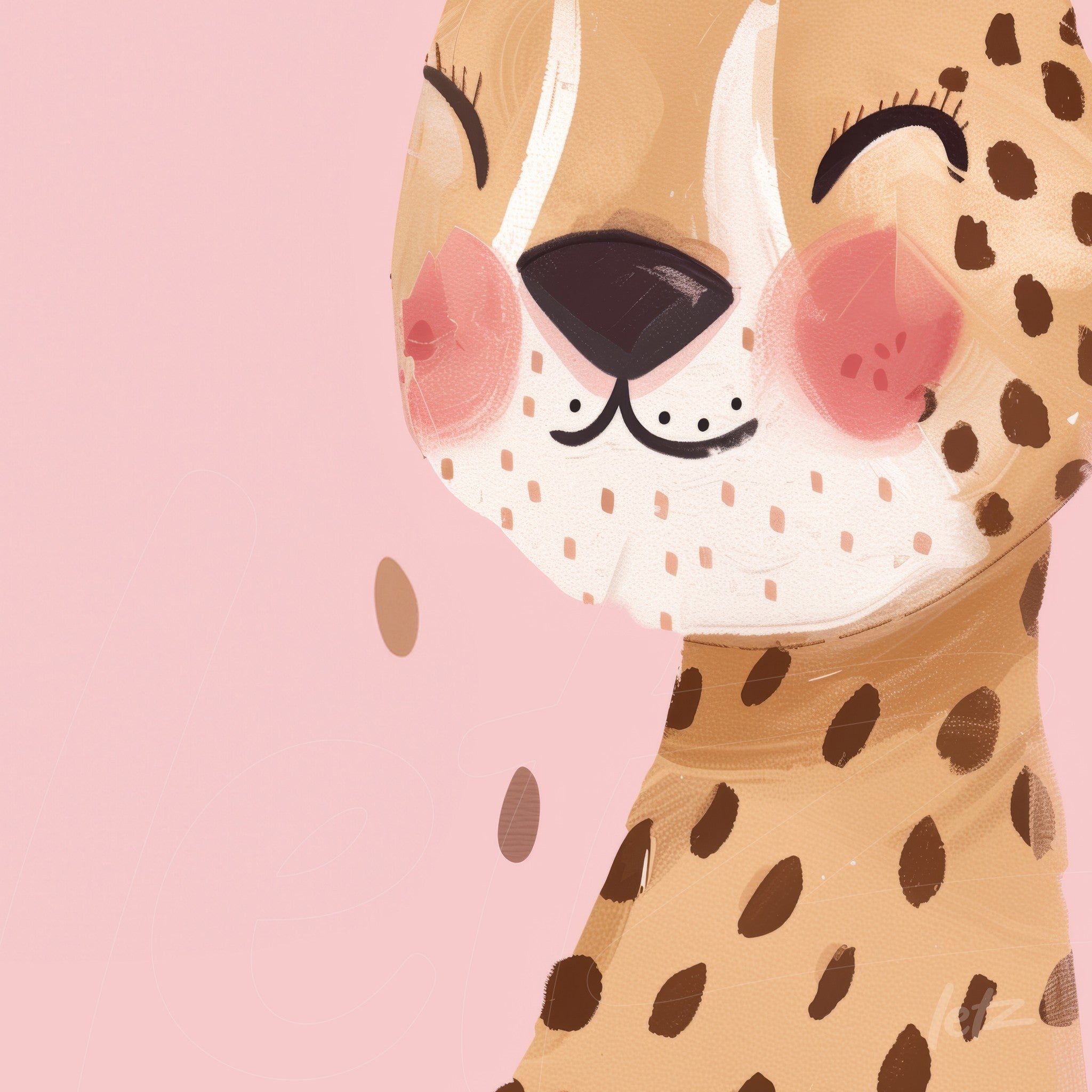 illustration of a smiling cheetah with pink background and brown spots