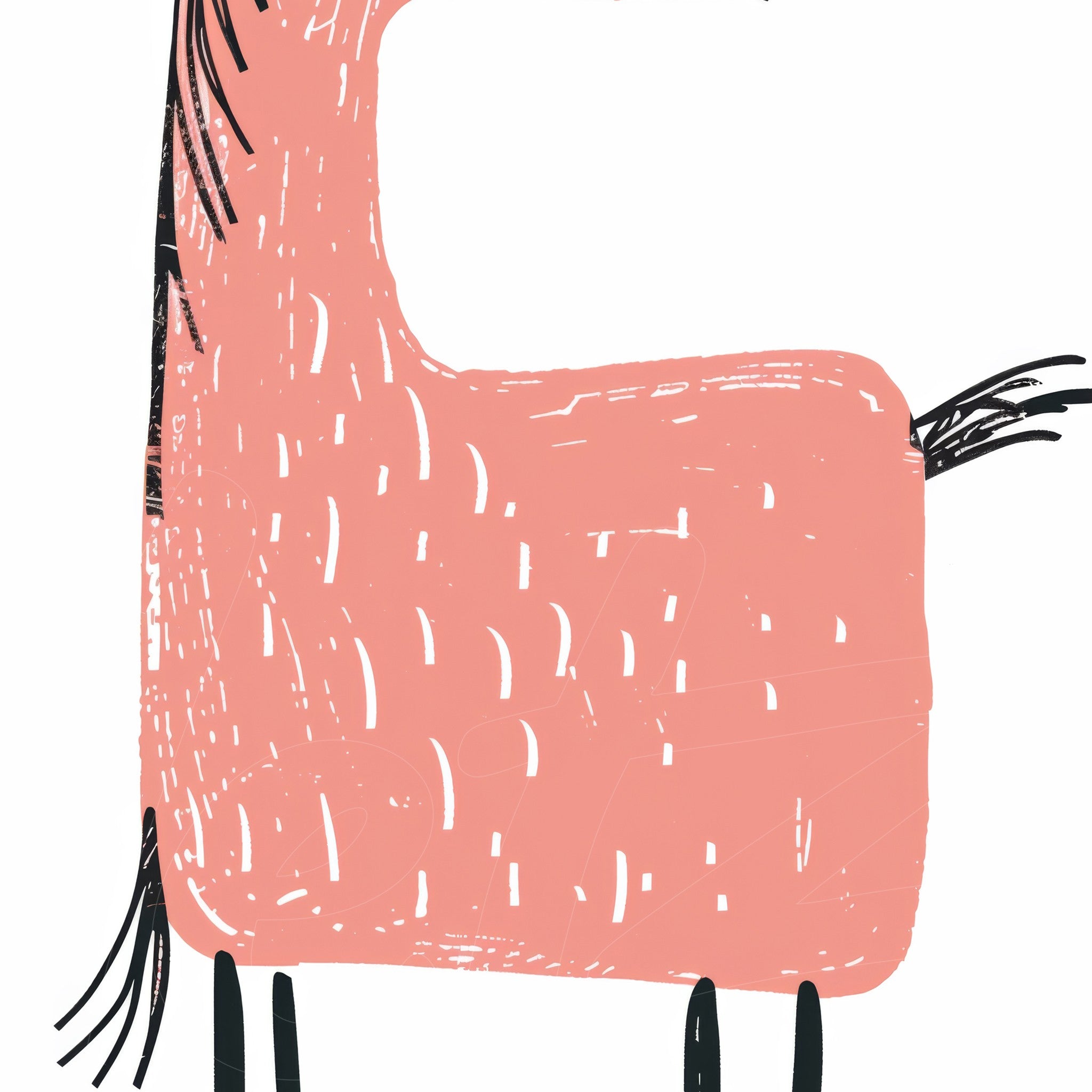 stylized illustration of a pink horse with black outlines